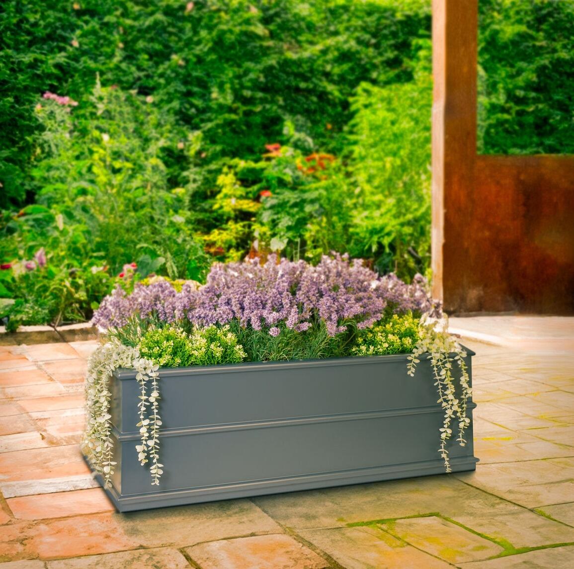 grey classic garden trougfh planter with decorative trim for outdoor planting