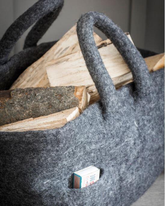 indoor fireside log basket in contemporary grey natural felted wool storage