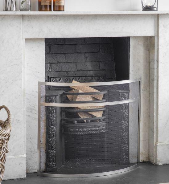 small silver metal firescreen contemporary steel curved design ash and sparks protection