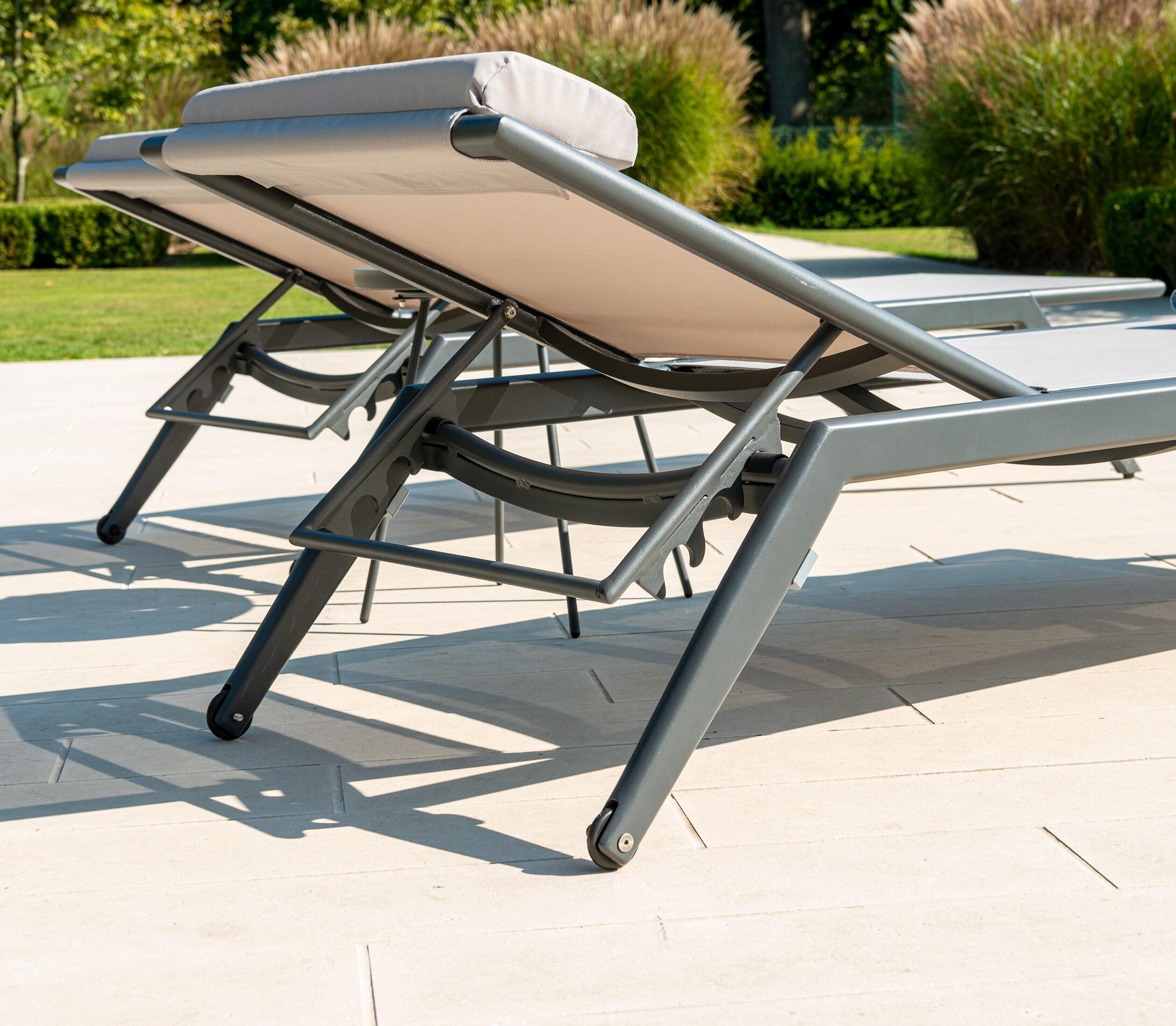 adjustable backrest detail grey modern garden sun lounger sunbed textilene sling and aluminium frame