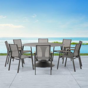 8 seater round garden dining table grey stone and aluminium table with sling all weather outdoor dining chairs