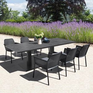 modern garden dining set 6 seater metal aluminium grey and ceramic top table with metal alu mesh patio dining chairs charcoal matrix phoenix