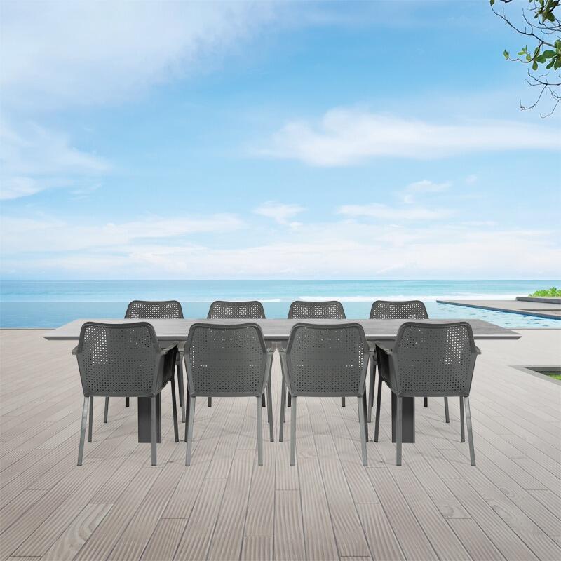 extending garden dining table grey modern aluminium ceramic top and 8 seater mesh aluminium dining chairs linear matrix