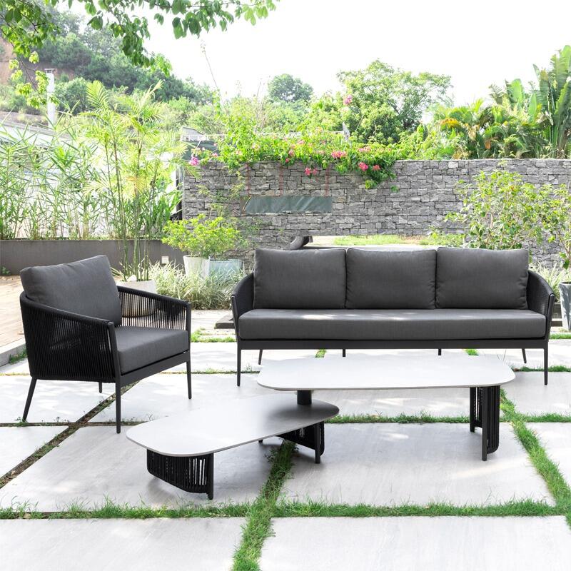 garden sofa and armchair set modern aluminium rattan wicker all weather cushions black and grey outdoor patio lounging moon