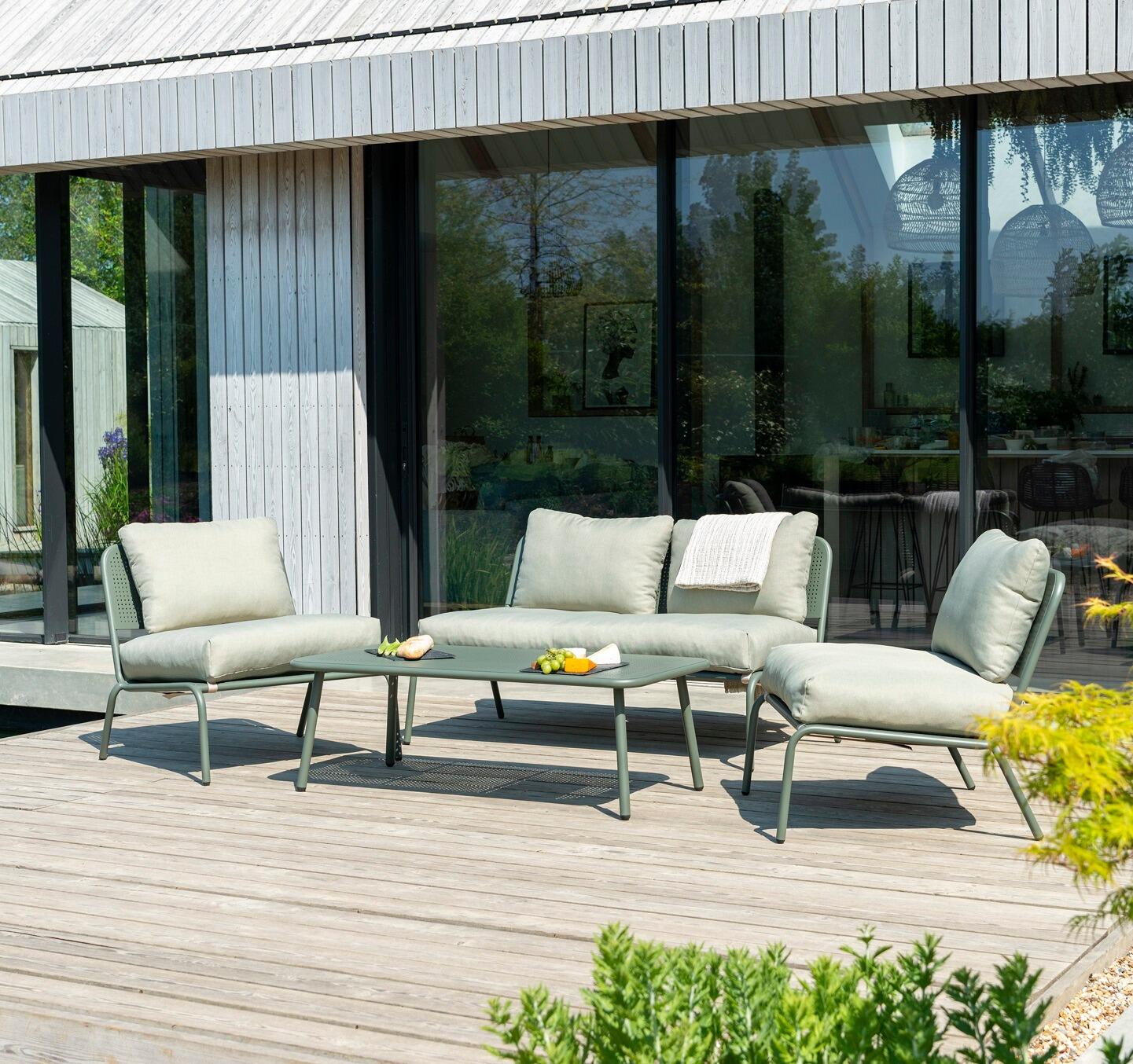garden lounge sofa armchairs coffee table metal olive green modern steel patio lounging verona