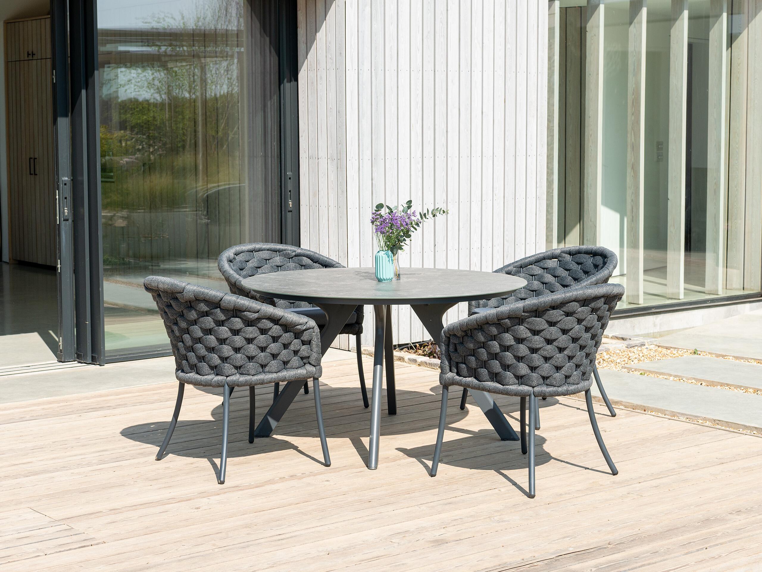 round garden dining table metal modern aluminium dark grey all weather rope weave cordial luxe rimini