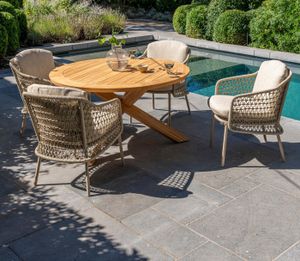 4 seater teak garden round dining table set with all weather rope weave outdoor dining chairs in latte