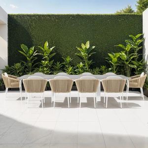 10 seater garden dining set extending large patio table aluminium stone all weather rope weave dining outdoor chairs white