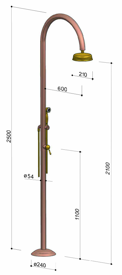 copper outdoor shower in antique copper and brass dimensions