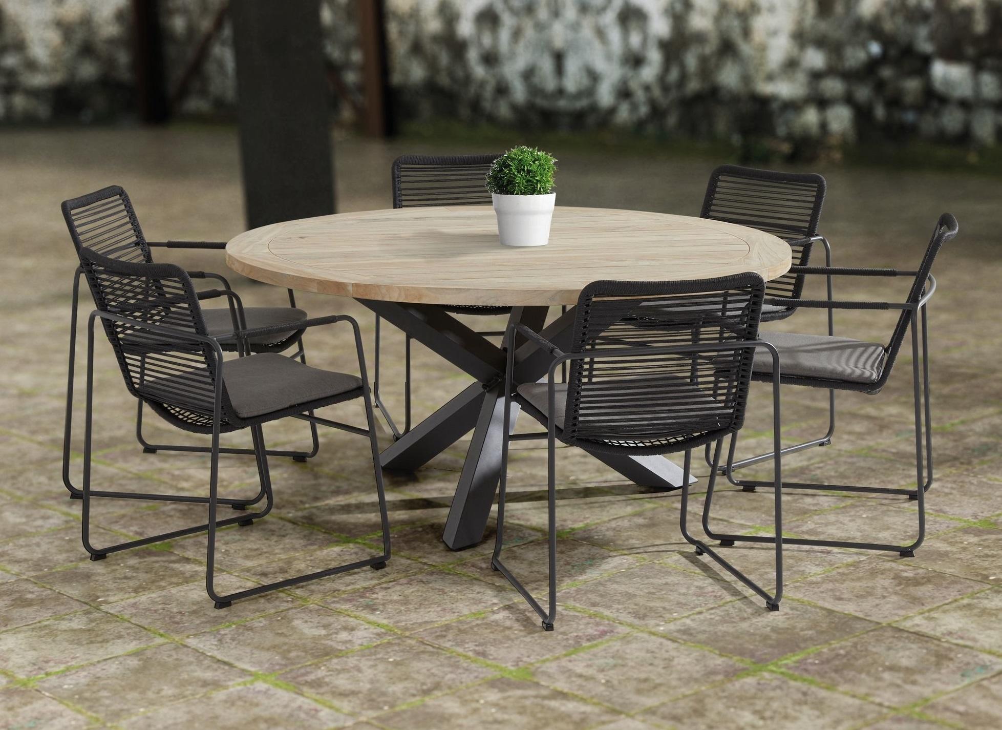 round 160 cm teak garden dining table with 6 aluminium and modern weatherproof rope weave garden dining chairs