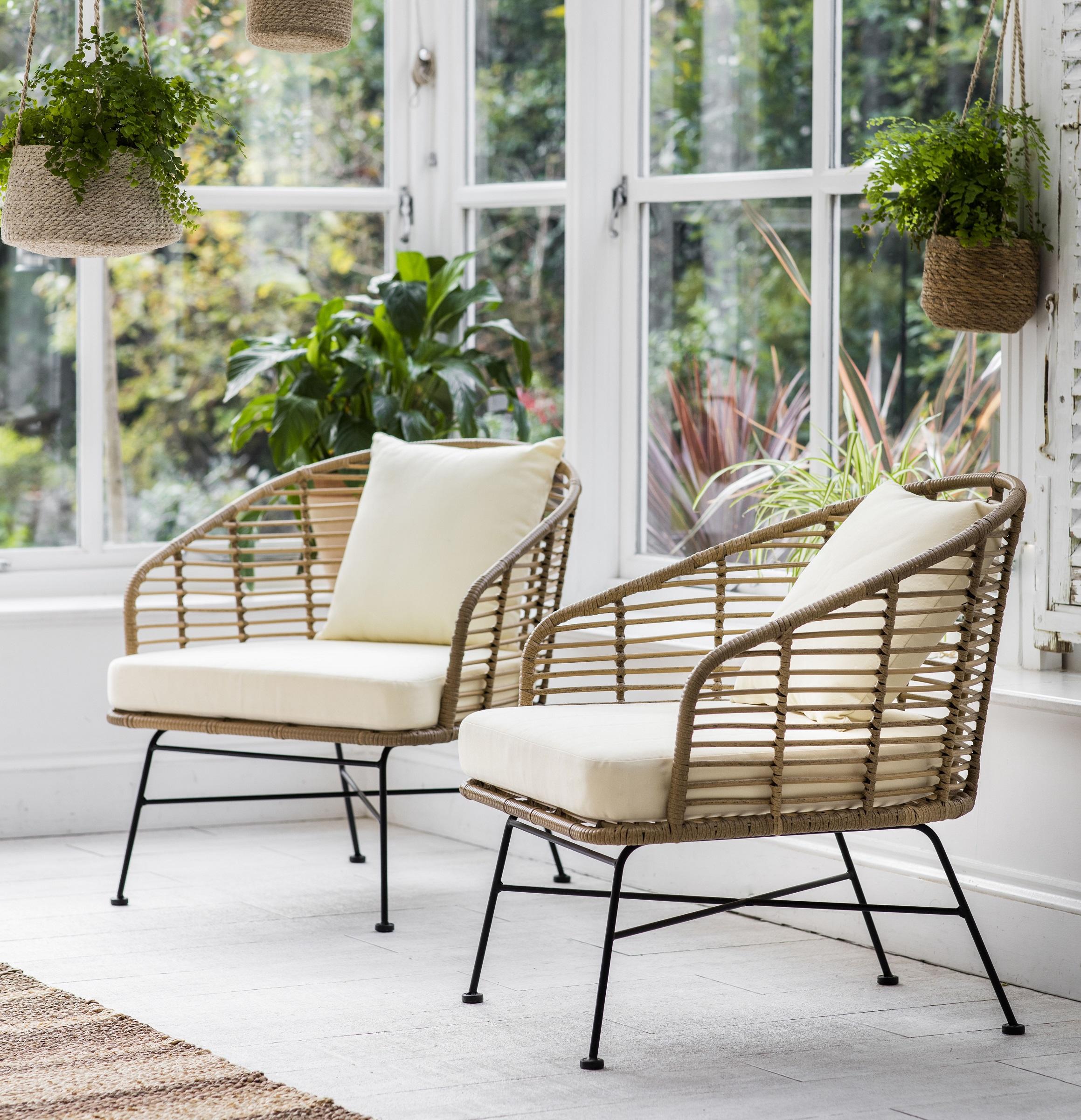 outdoor garden lounge armchairs in all weather rattan bamboo weave for indoor conservatory and garden rooms as well as gardens, patios and terraces