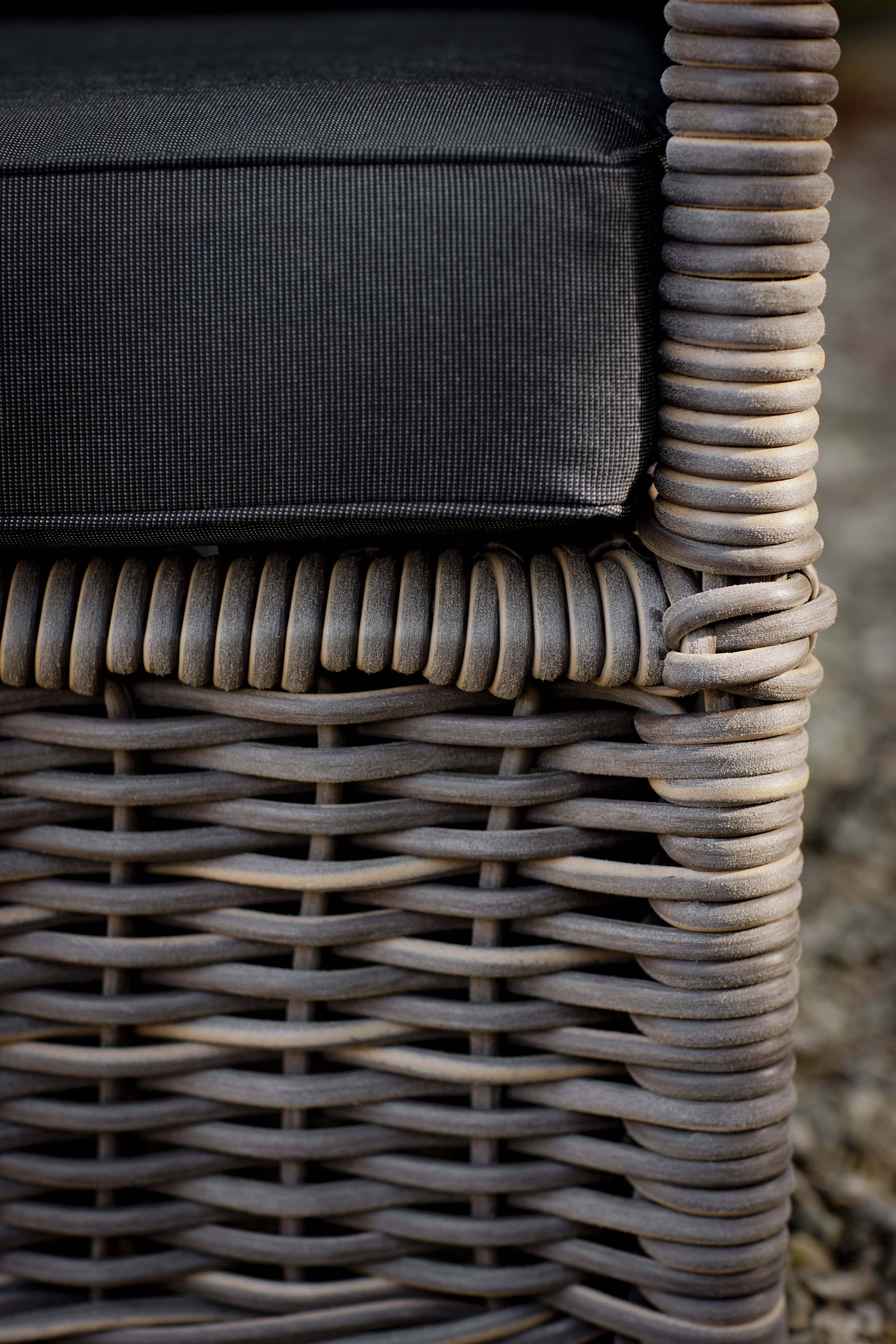 detail of rattan garden sofa lounge 3 seater all weather wicker with grey showerproof cushions