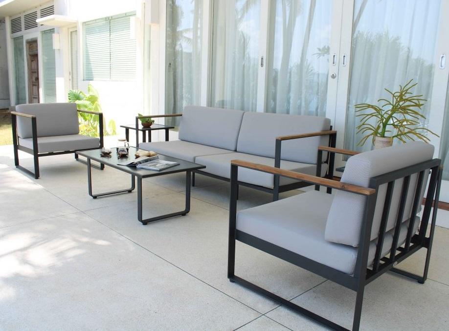 modern aluminium garden lounge sofa and armchairs set with sunbrella all weather cushions