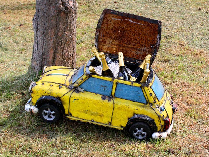 yellow mini car drinks cooler using recycled metal shipping drums