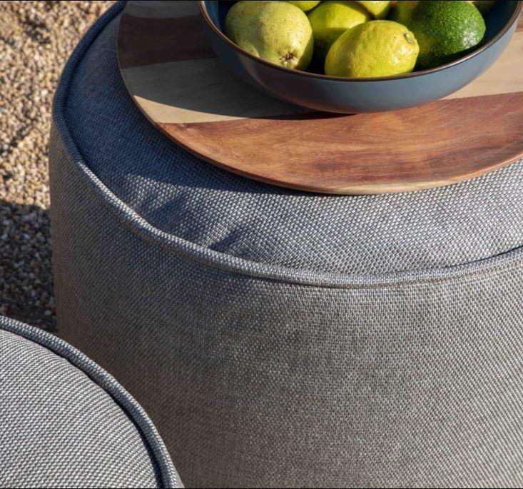 detail of outdoor weather resistant fabric for outdoor garden poufs and occassional seating
