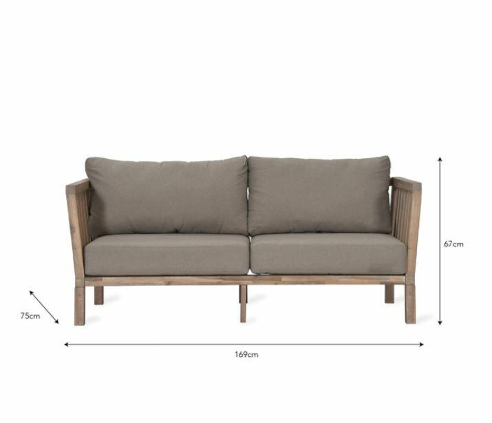 dimensions of 2 seater outdoor patio garden sofa in grey wash acacia hardwood