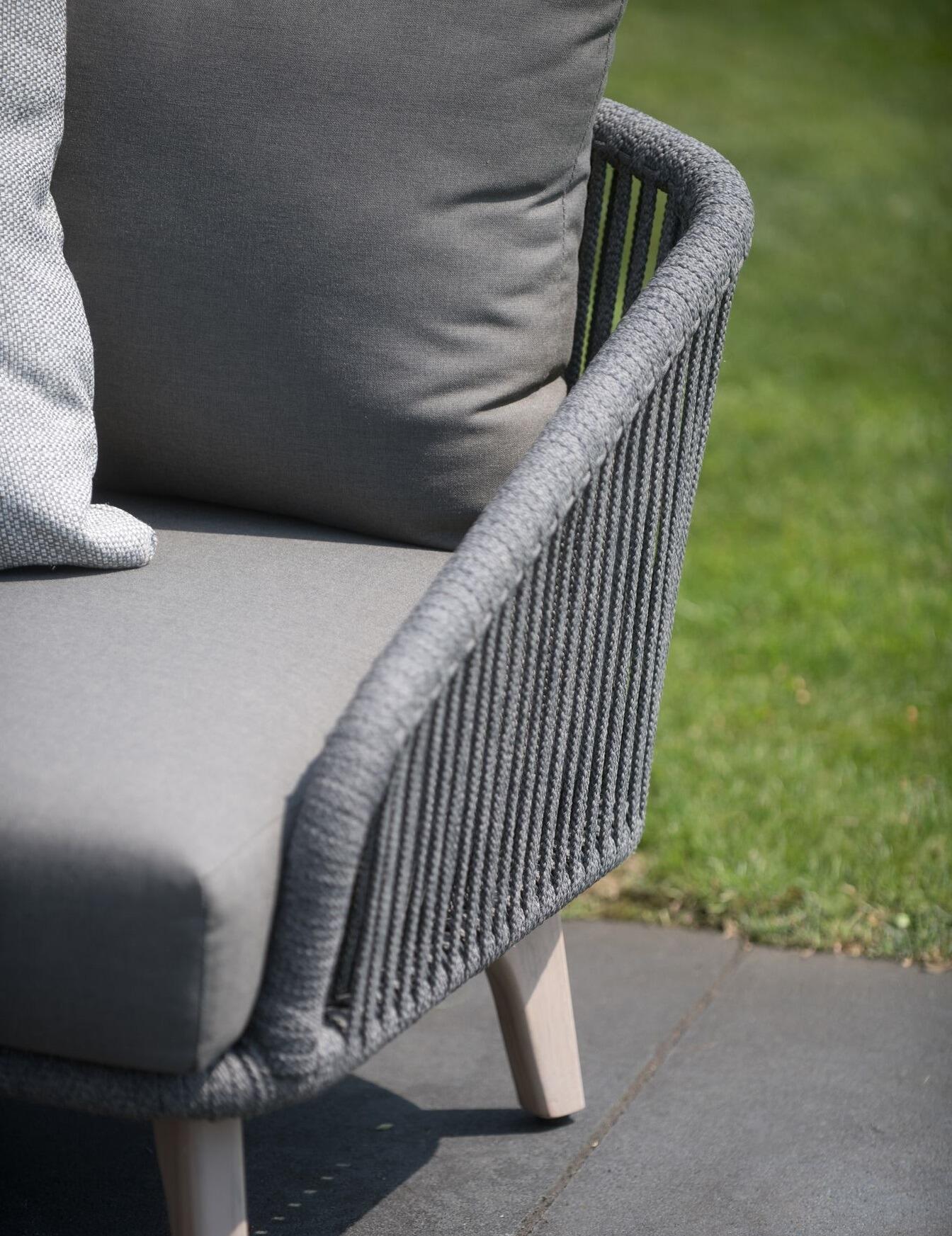 garden corner lounge sofa set compact all weather rope weave in mid grey and teak legs detail