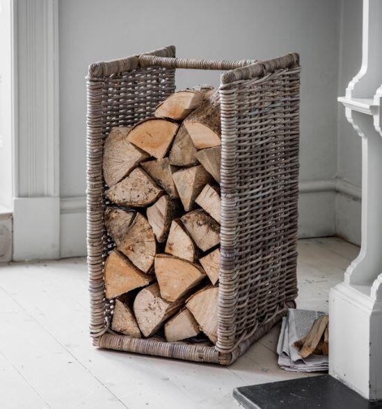 modern rattan indoor log basket storage for log burners and fireside hearths