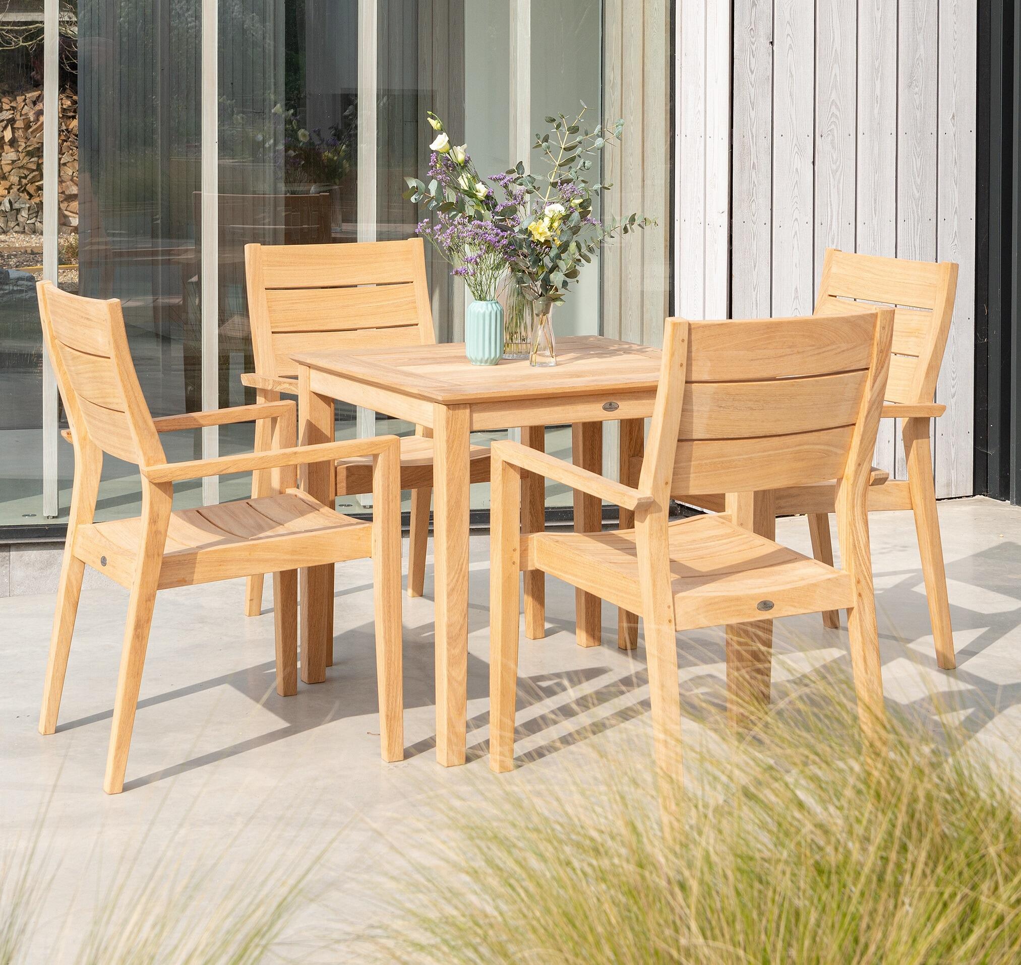 roble wood 4 seater modern garden dining square table and wood armchairs