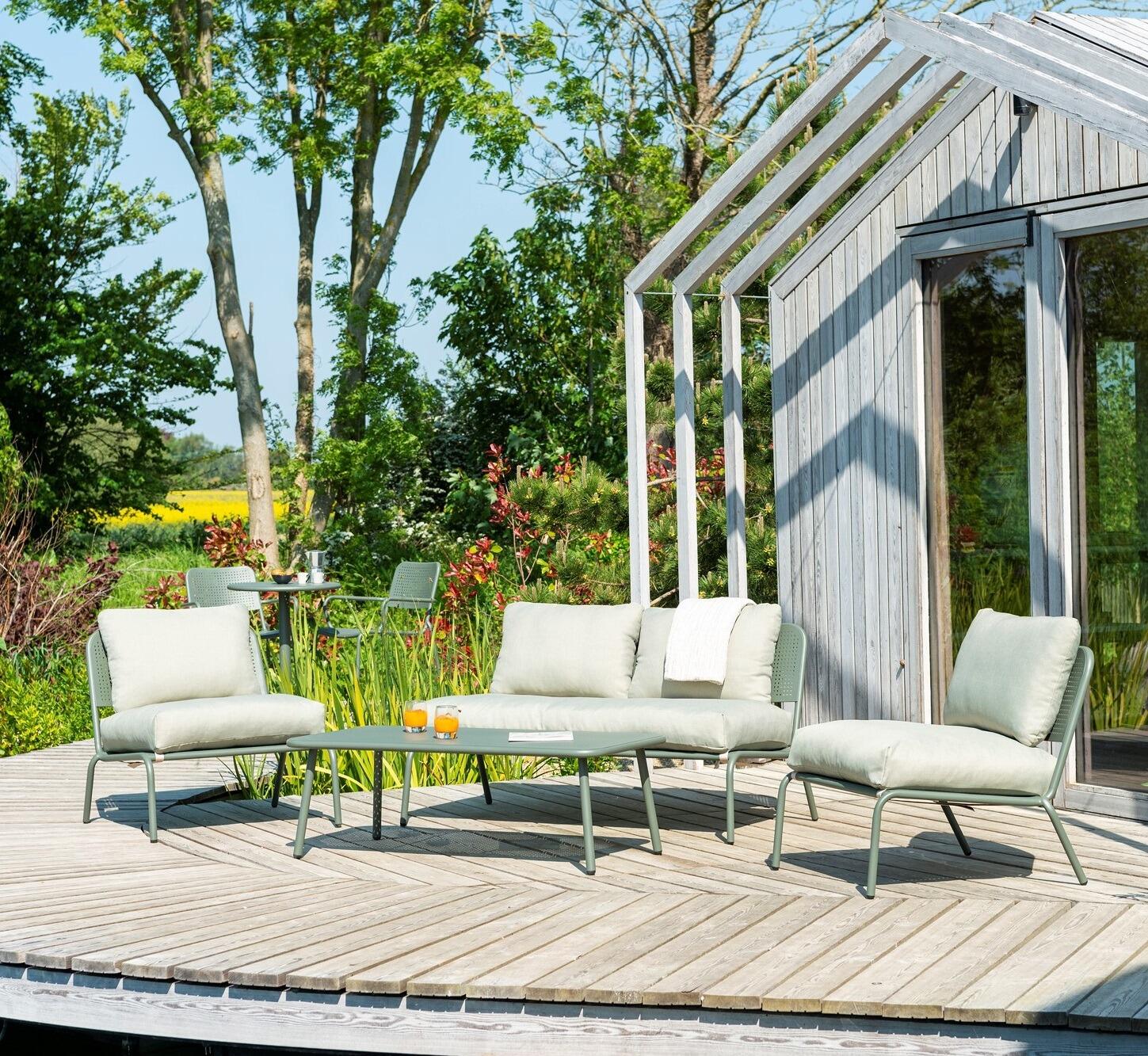 metal modern garden lounge sofa armchairs coffee table olive green modern steel patio lounging verona
