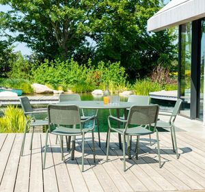 metal round garden dining table olive steel and 6 armchairs modern all weather mesh verona