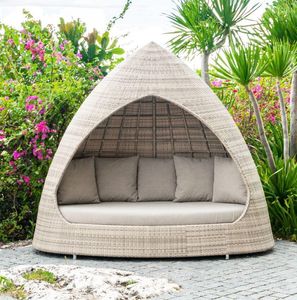 garden daybed hut or pod in all weather rattan weave with deep cushions in ocean pearl