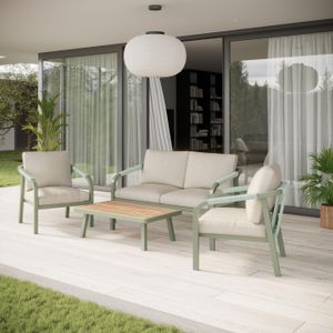 modern garden lounge sofa and armchairs patio furniture in olive green aluminium and all weather rope weave with cream cushions