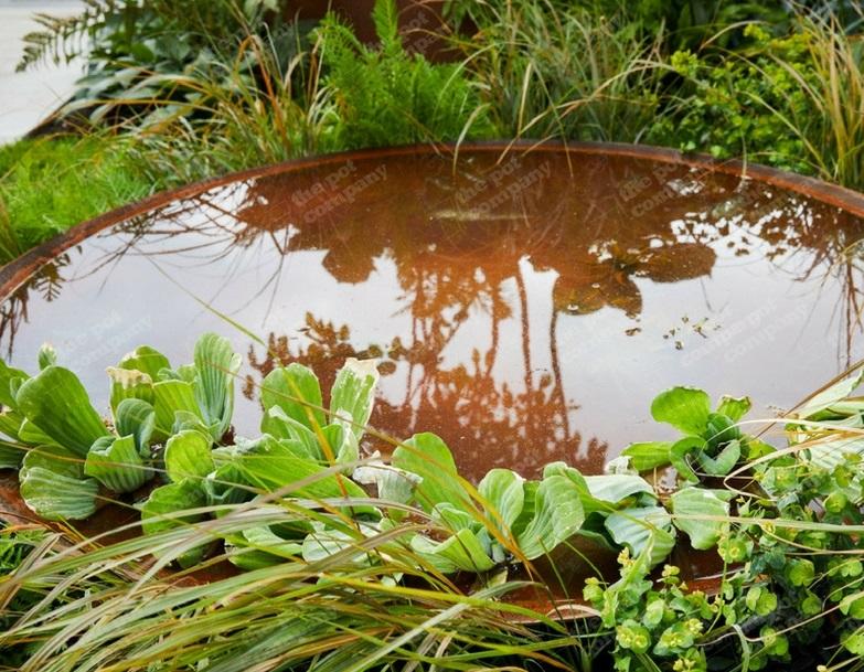 corten steel water bowl or water feature for garden outdoor use metal weatherproof modern contemporary