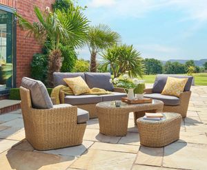 garden lounge sofa and armchairs in twisted wicker and grey all weather cushions palermo