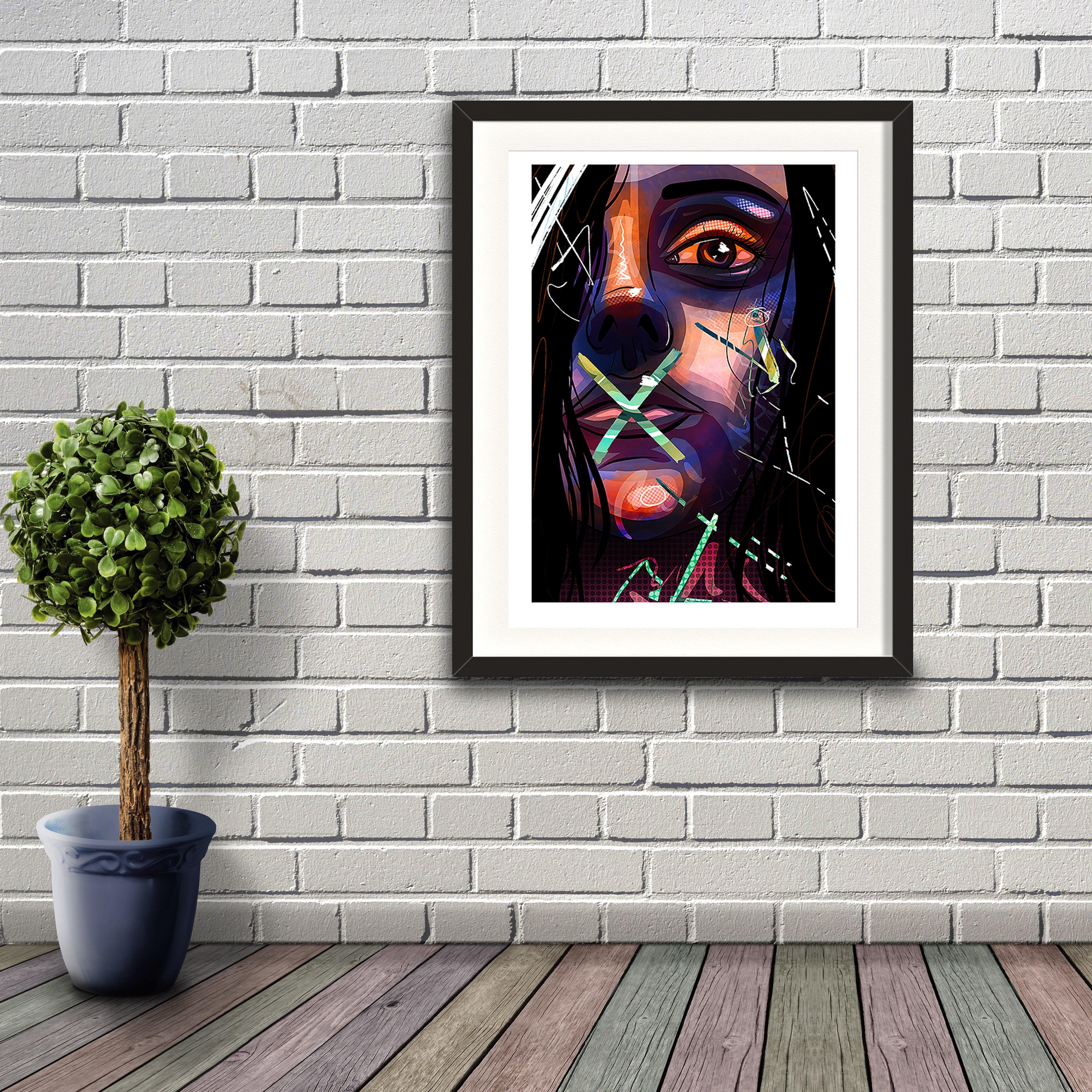 A digital pop art painting by Lily Bourne printed on eco fine art paper titled Hush Hushed showing a close up of a female face with abstract line and a green cross on here lips and mouth. Artwork shown in a black frame hanging on a brick wall.