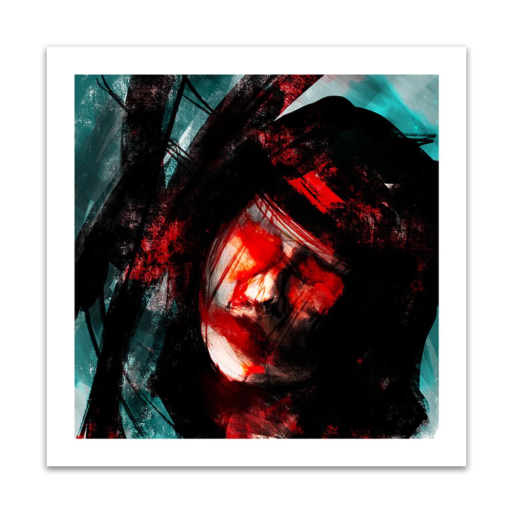An abstract digital painting by Lily Bourne printed on eco fine art paper titled Tuned showing a female face amongst turquoise, black and red lines.