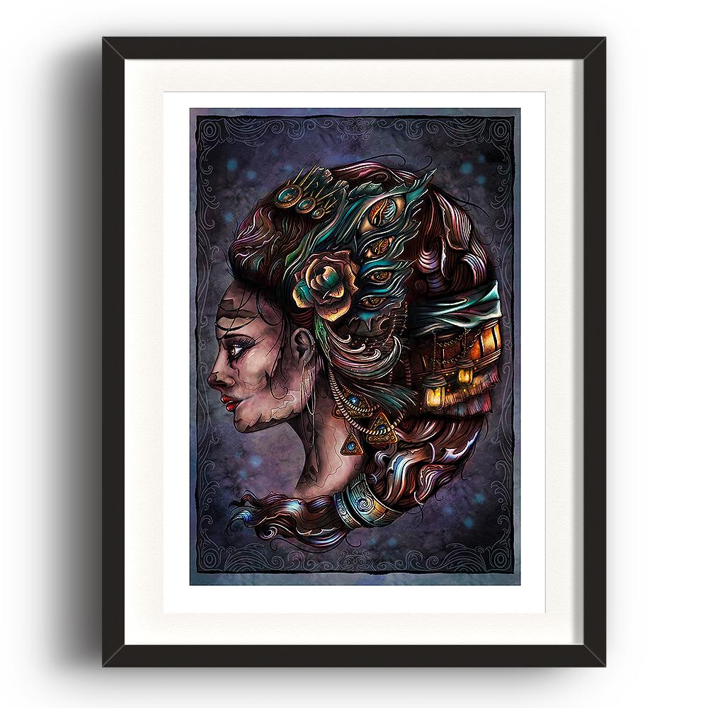 An abstract digital painting by Lily Bourne printed on eco fine art paper titled Seer showing the side view of a female with hair containing eyes and and lamps. Artwork shown in a black frame hanging on a brick wall.