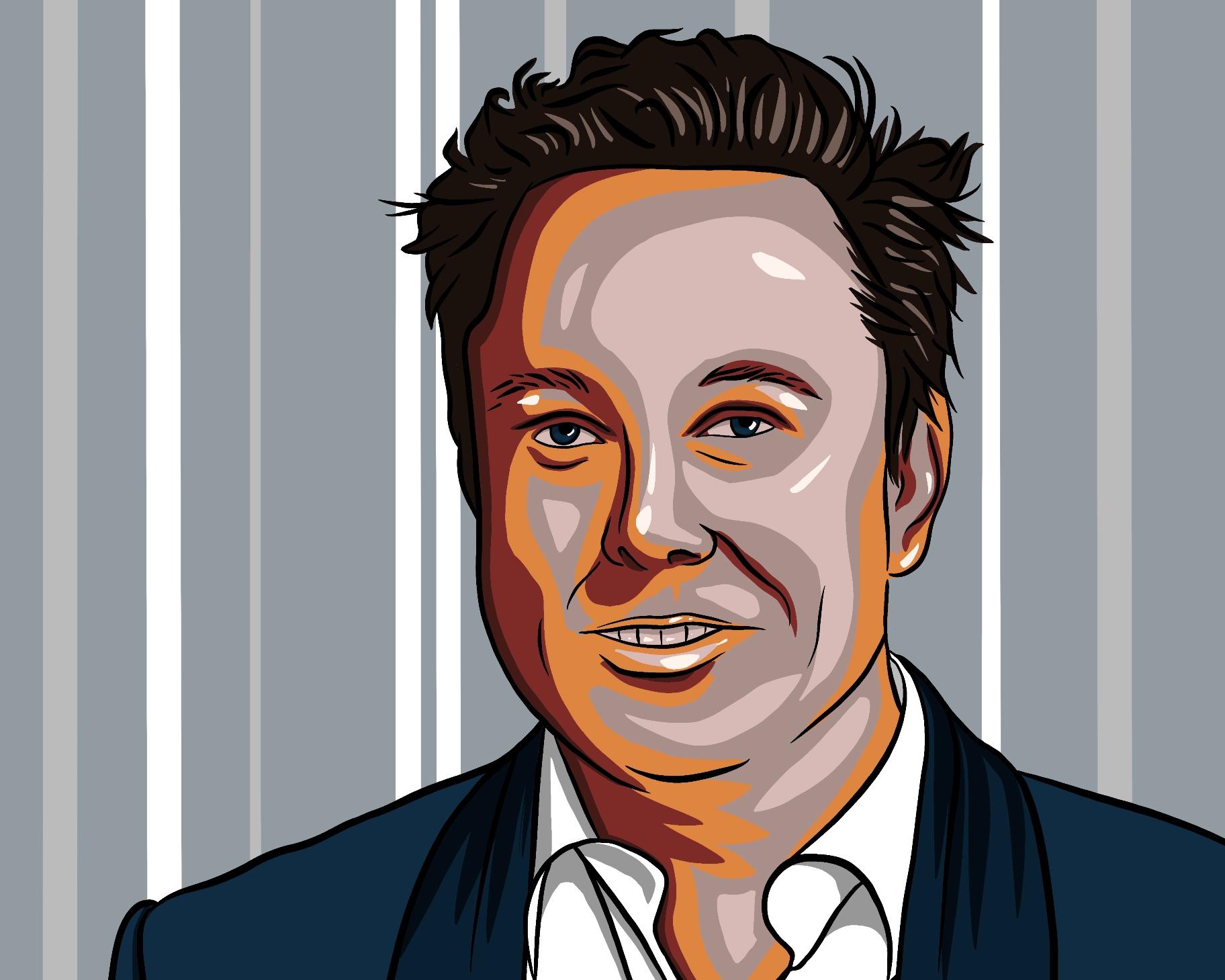 A digital painting in the form of pop art by Lily Bourne of Elon Musk showing the entrepreneur confidently wearing a s