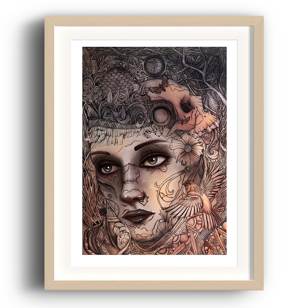 A digital painting by Lily Bourne printed on eco fine art paper titled Kalopsia showing an intricate line drawing of a female face with a bird and skull. The image is set in a beech coloured picture frame.