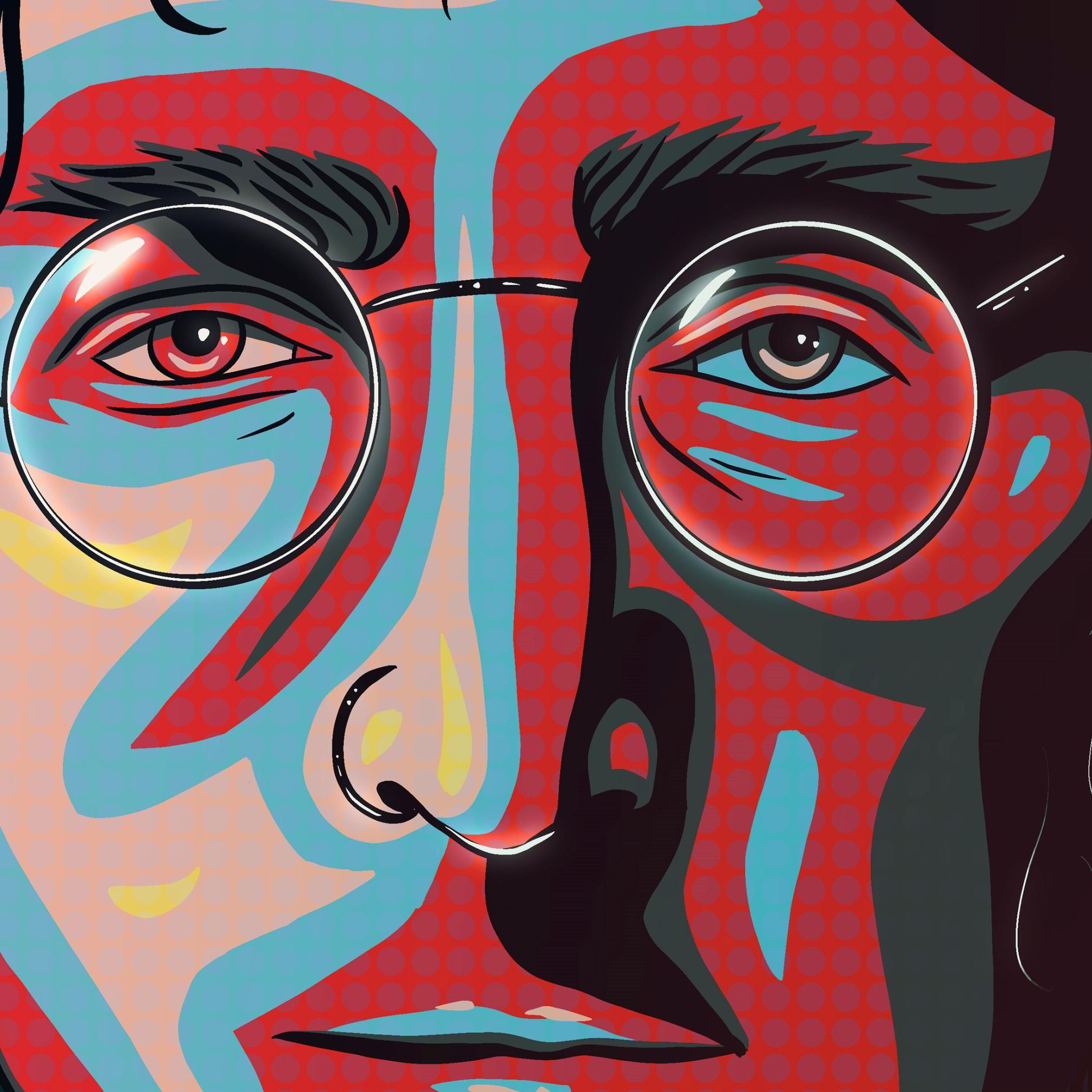 A digital painting in the form of pop art by Lily Bourne of John Lennon from the 1960s. Red, yellow, blue and black in colour.