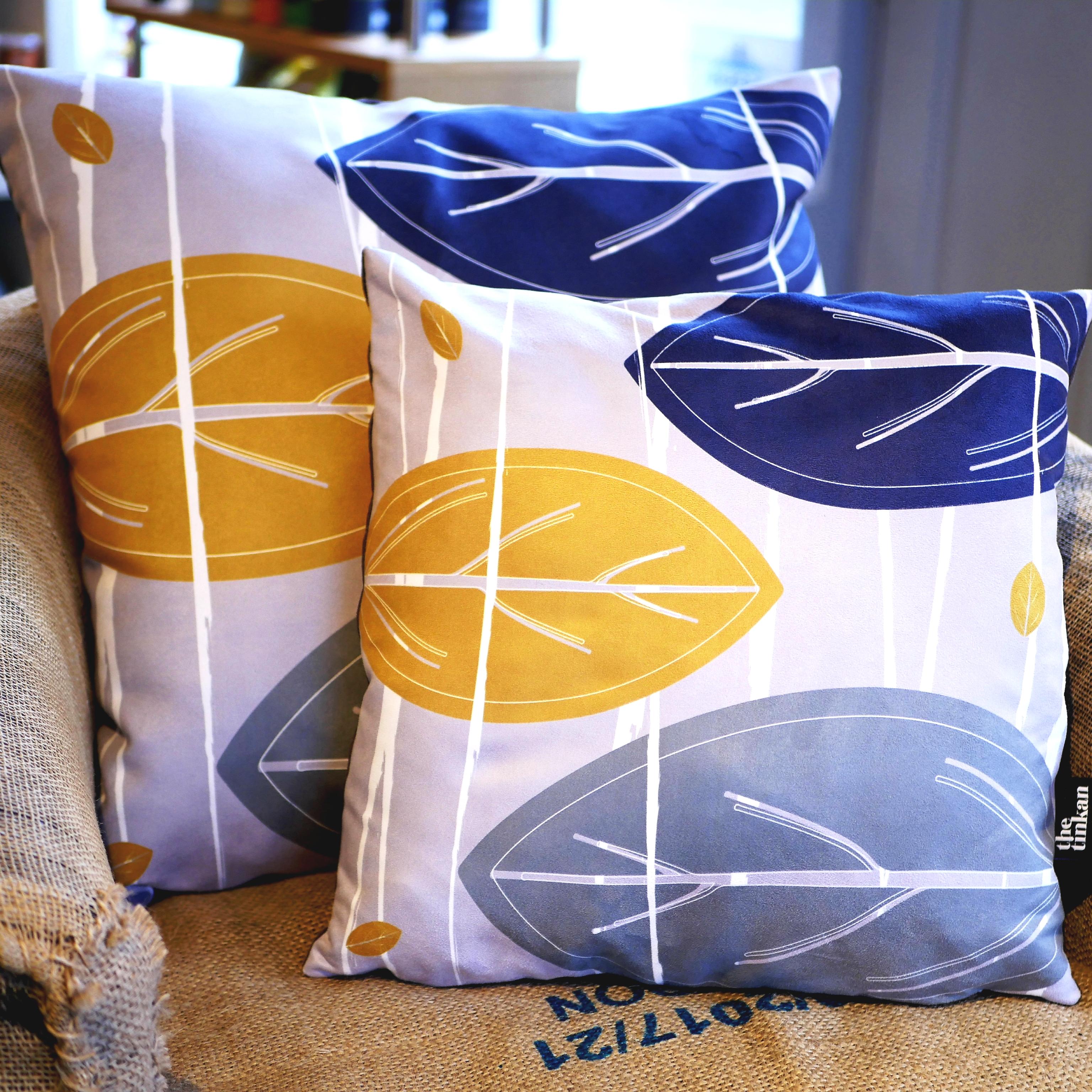Blue, mustard yellow & grey faux suede soft feel Abstract Leaves Cushions, 43cm & 57cm square, with luxury inner pads designed by thetinkan. VIEW PRODUCT >>