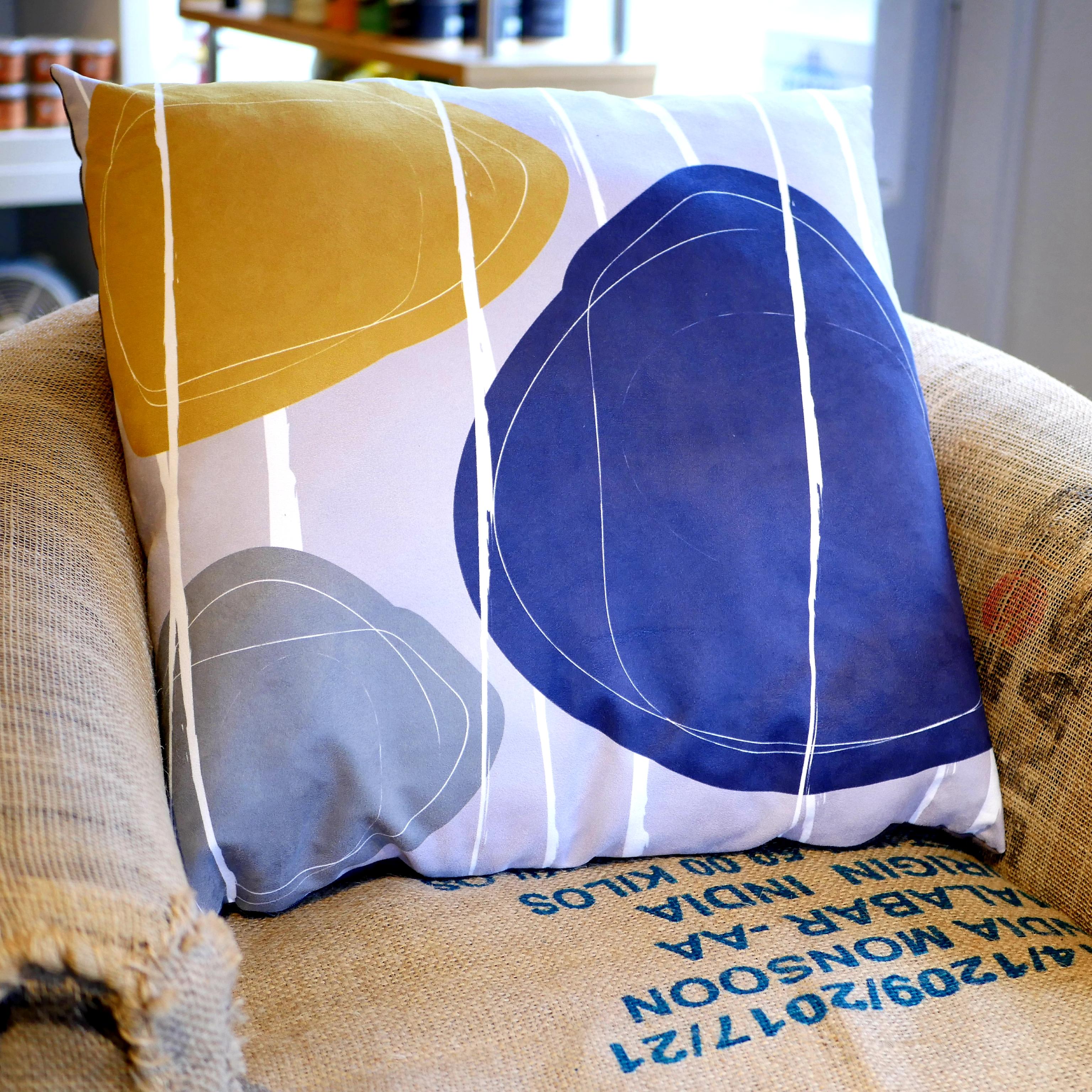 Blue, mustard yellow & grey faux suede soft feel Abstract Pebbles Cushion, 57cm square, with luxury inner pad designed by thetinkan. VIEW PRODUCT >>