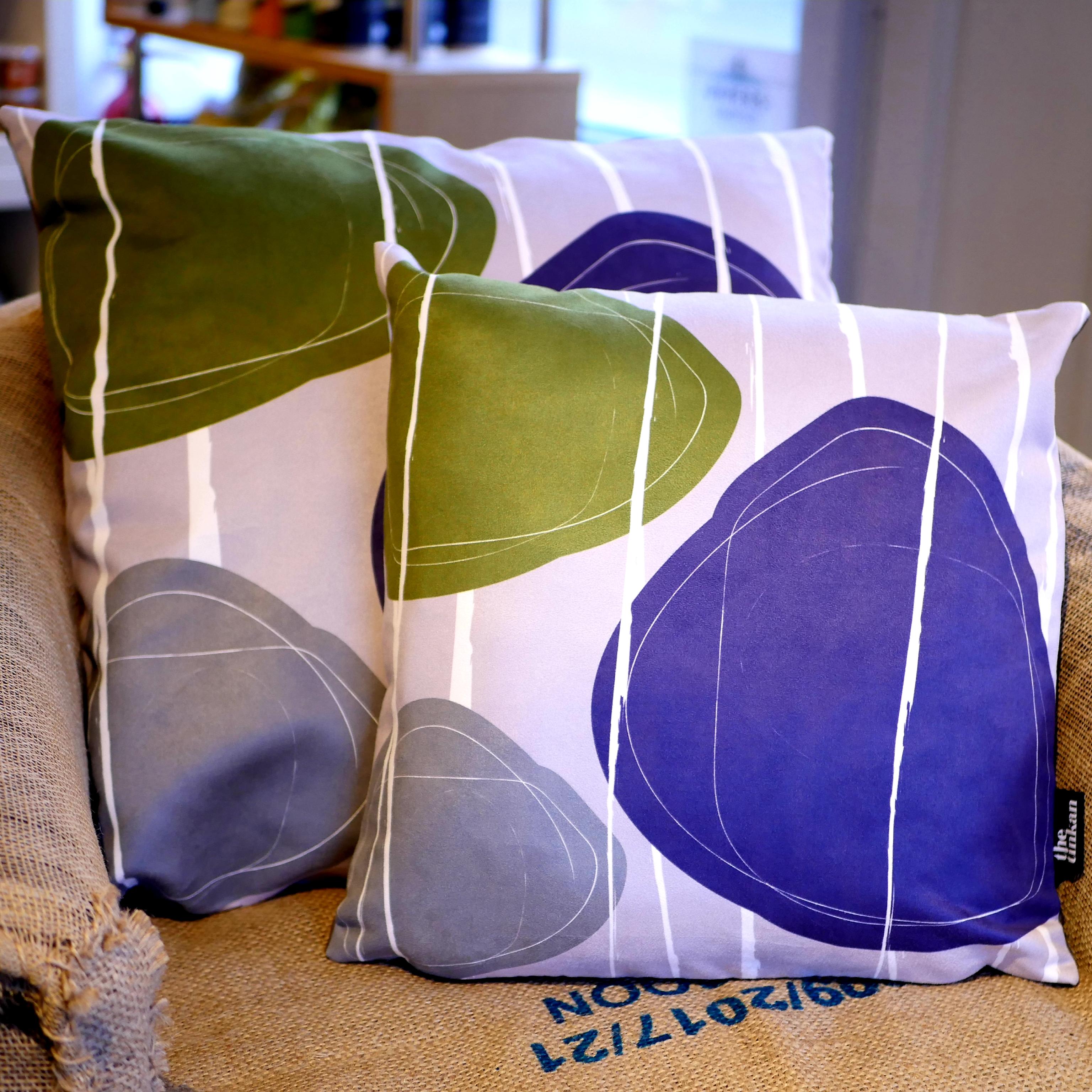 Purple, olive green & grey faux suede soft feel Abstract Pebbles Cushions, 43cm & 57cm square, with luxury inner pads designed by thetinkan. VIEW PRODUCT >>