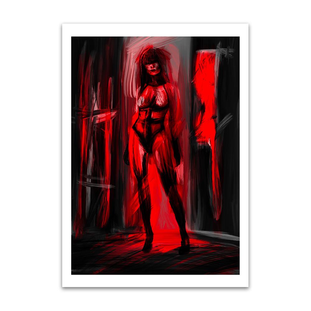 Red & black coloured image by Lily Bourne called Inner Silhouette showing an erotic lady standing in a doorway. Image depicts a demon of the mind.