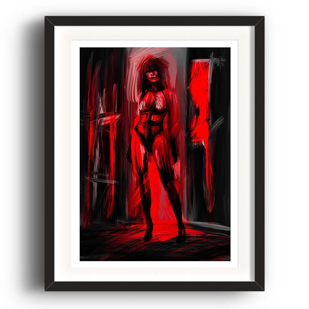 Red & black coloured image by Lily Bourne called Inner Silhouette showing an erotic lady standing in a doorway. Image depicts a demon of the mind. Image in a black frame.