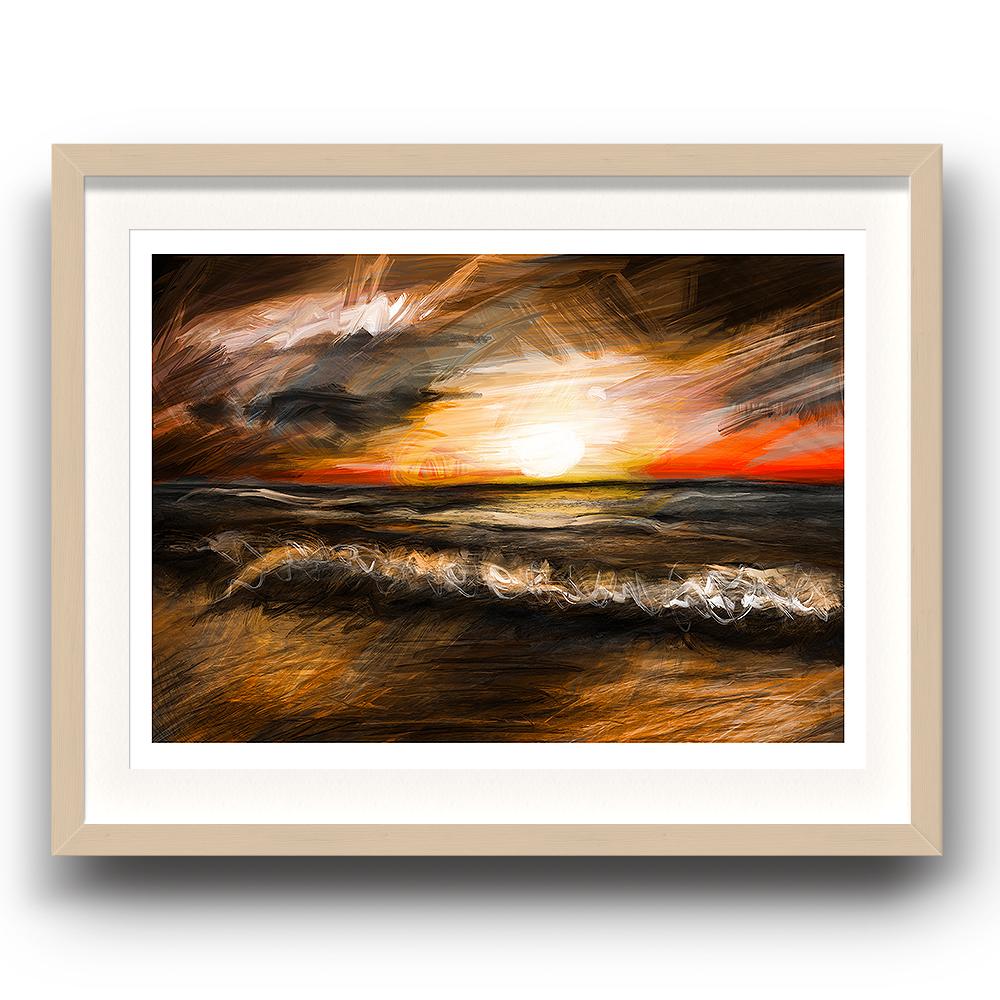 A digital painting by Lily Bourne called Sunset Waves showing a sunset with a warm orange glow as waves break on a sandy beach. Image in a beech picture frame.