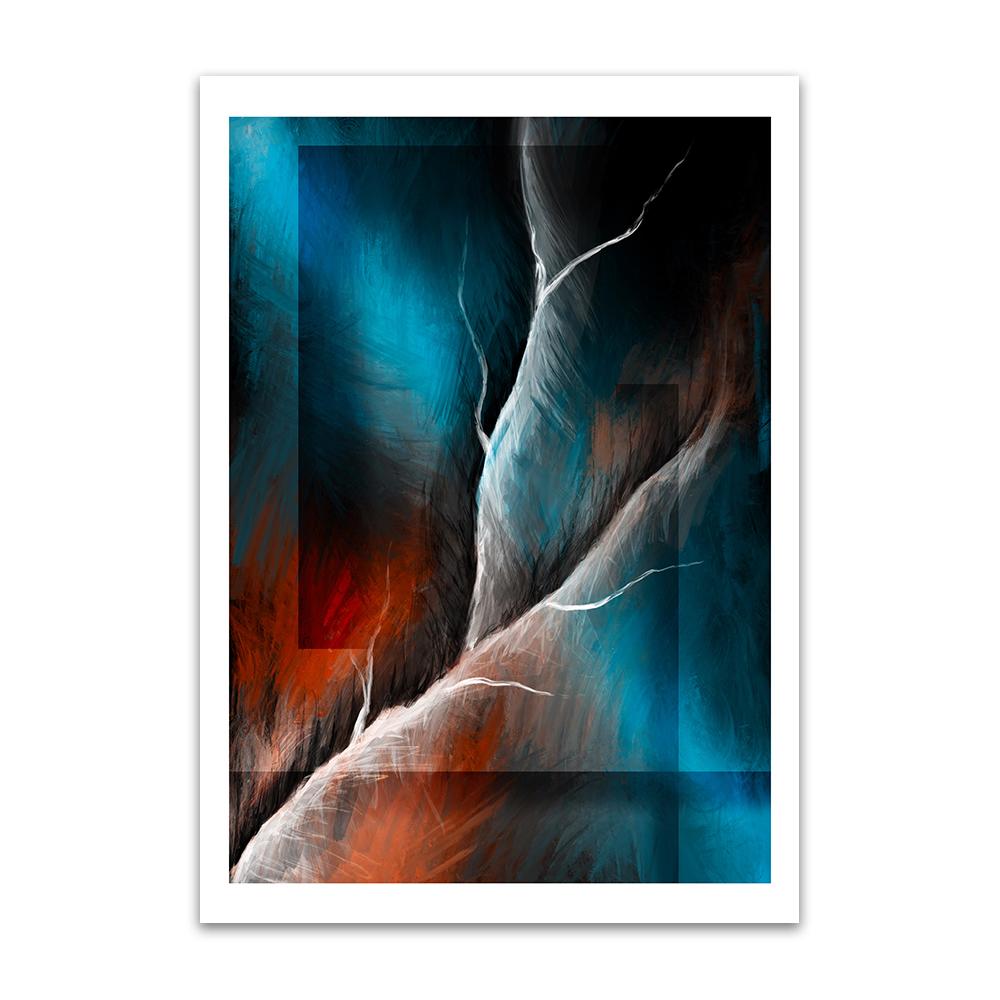 A digital painting called Structure 1.0 by Lily Bourne showing a white lightning strike through an abstract blue and orange background. e