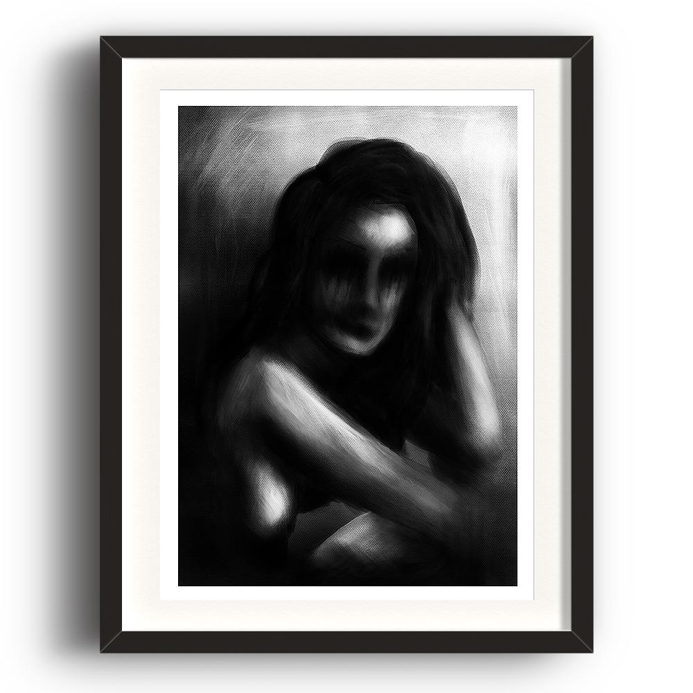 A digital painting called Raw Tears by Lily Bourne showing a greyscale out of focus woman who has been crying through frustration. The image is set in a beech coloured picture frame.