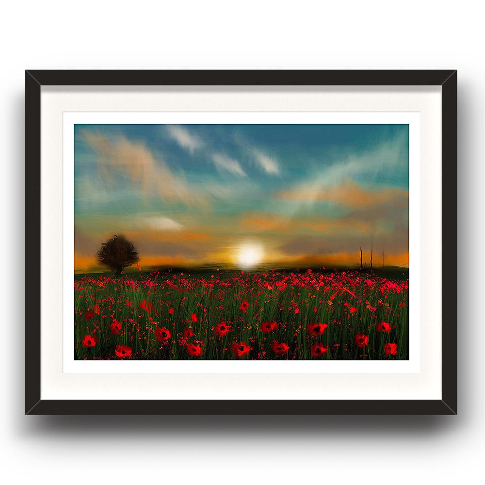 A digital painting called Poppy Sunset by Lily Bourne showing a field of poppies with the sunsetting in the background. The image is set in a black coloured picture frame.