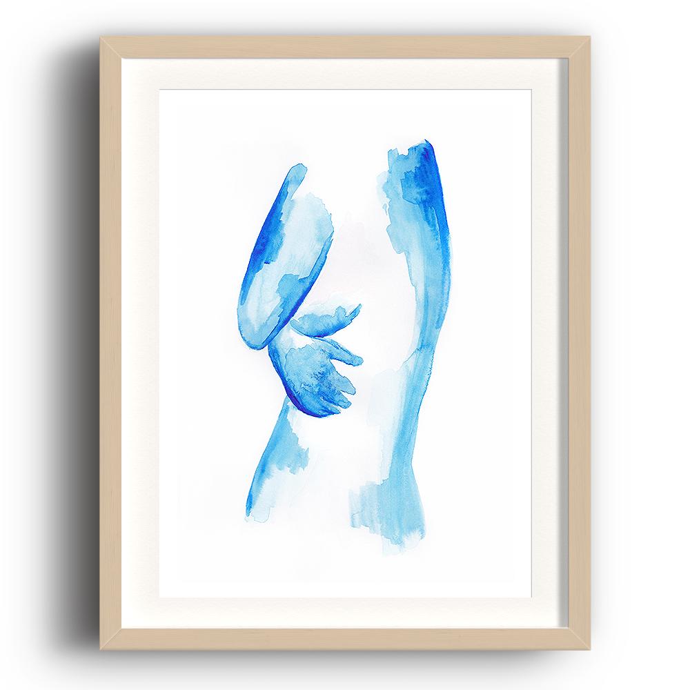 A watercolour print by Clarrie-Anne on eco fine art paper titled Cold Hands showing a blue painted side profile of a naked lady with her hands wrapped around herself. The image is set in a beech coloured picture frame.