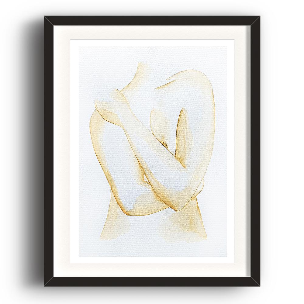 A watercolour print by Clarrie-Anne on eco fine art paper titled Hold Me showing a naked female with her hands across her chest covering her breasts. Creamy yellow in colour with white background. The image is set in a black coloured picture frame.