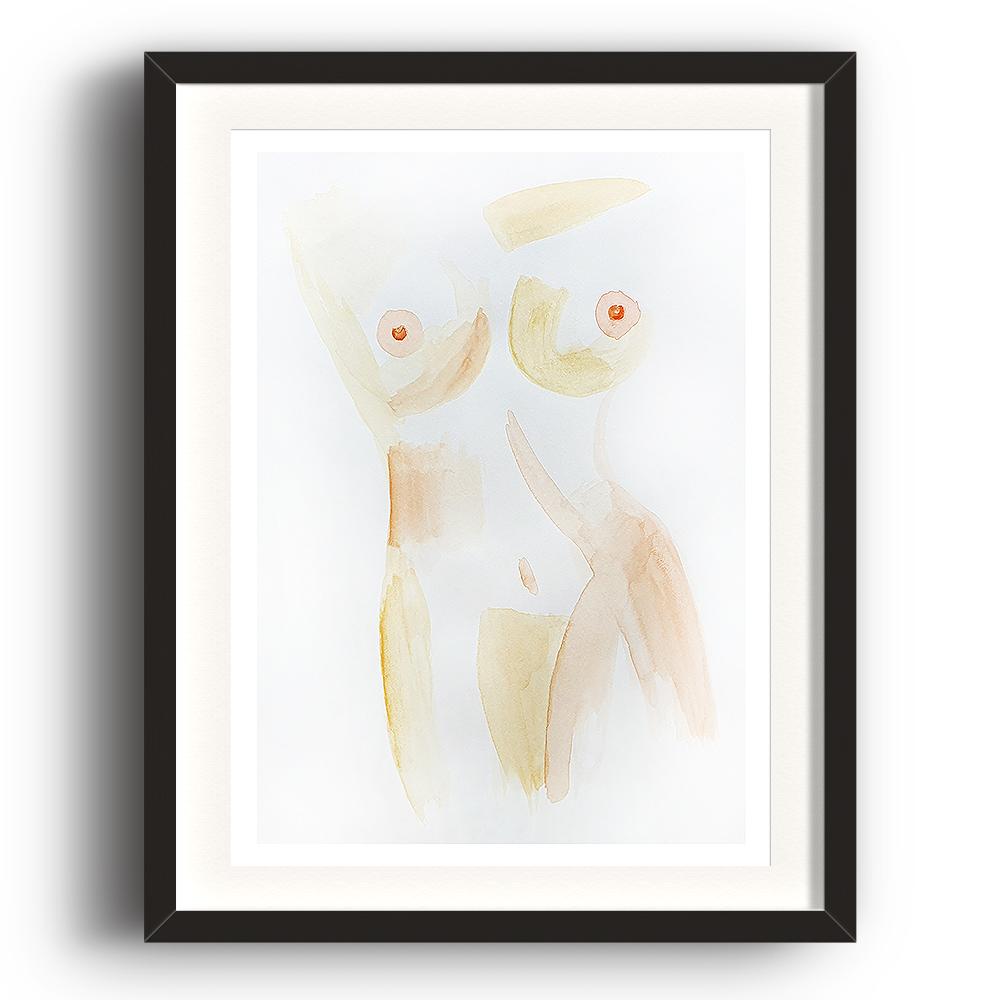 A watercolour print by Clarrie-Anne on eco fine art paper titled Lustful showing the naked breasts and stomach of a female coloured yellow. The image is set in a black coloured picture frame.