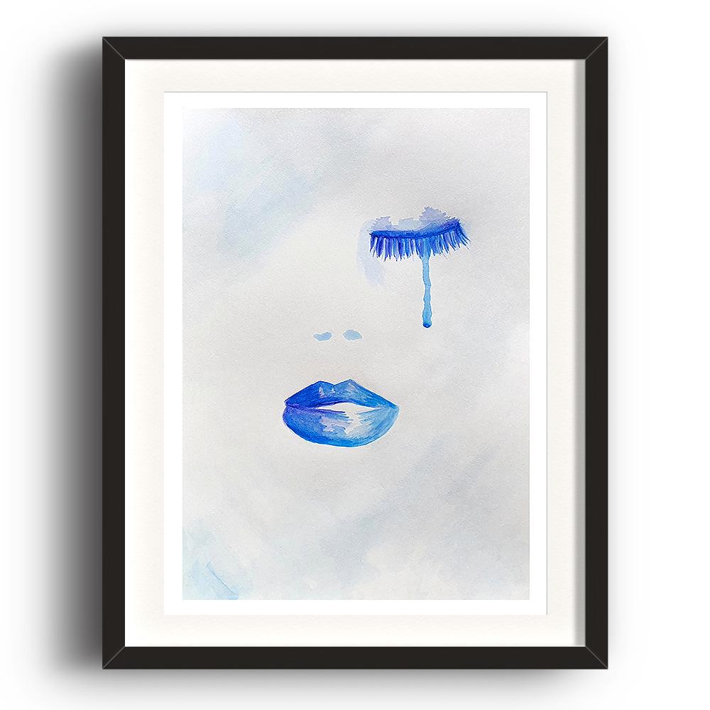 A watercolour print by Clarrie-Anne on eco fine art paper titled Thalassophile showing closed eyes with eyelashes and a tear falling, nostrils and lips pained in blue. The image is set in a black coloured picture frame.