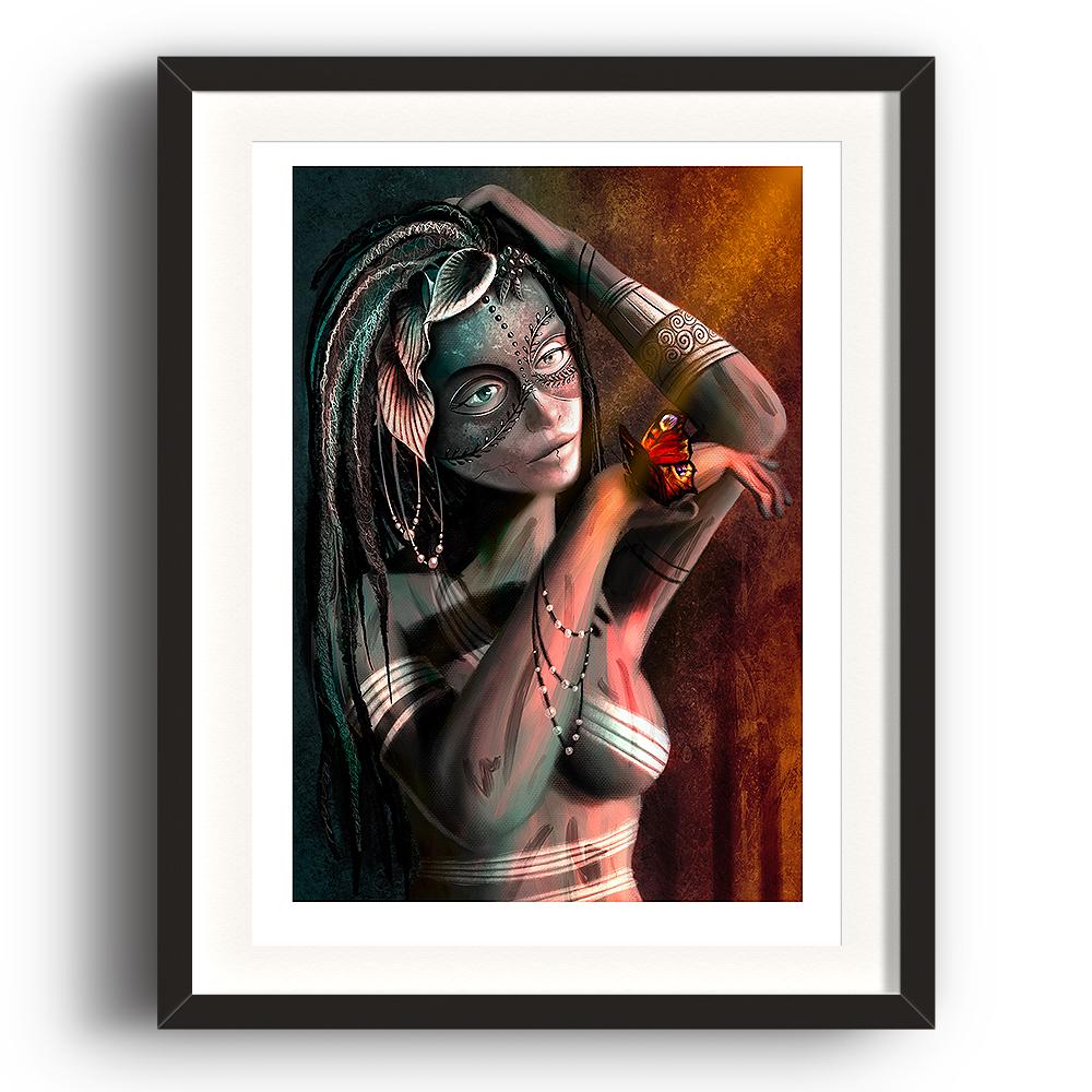A digital painting by Lily Bourne printed on eco fine art paper titled Beauty: Behind The Mask showing a tattooed decorated lady wearing a cracked mask with a butterfly on her hand. The image is set in a black coloured picture frame.