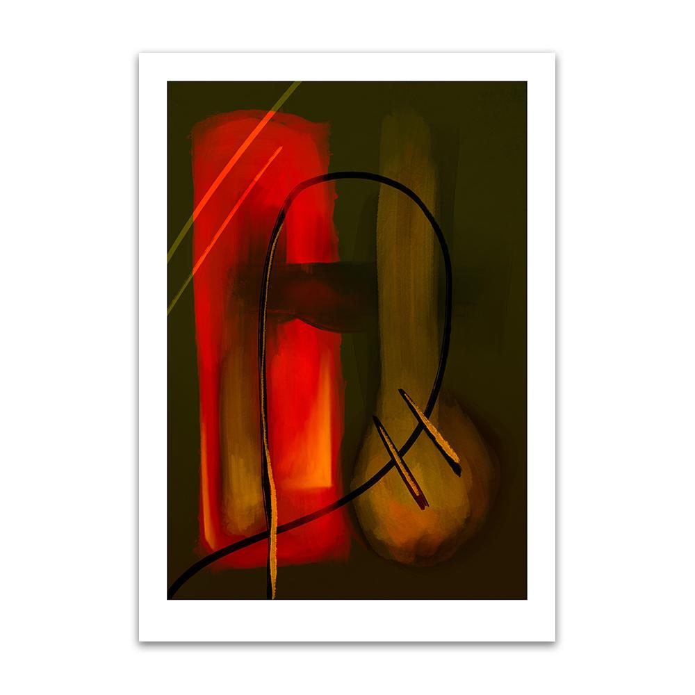 An abstract digital painting by Lily Bourne printed on eco fine art paper titled Autumnal Warmth Prevailing showing warm red tones against against dark green. Hand drawn black and orange lines crossing the colours.
